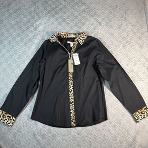 NWT Chico’s Top Women’s Size 0 (Small) Black Long-Sleeve Button Up Cheetah Trim